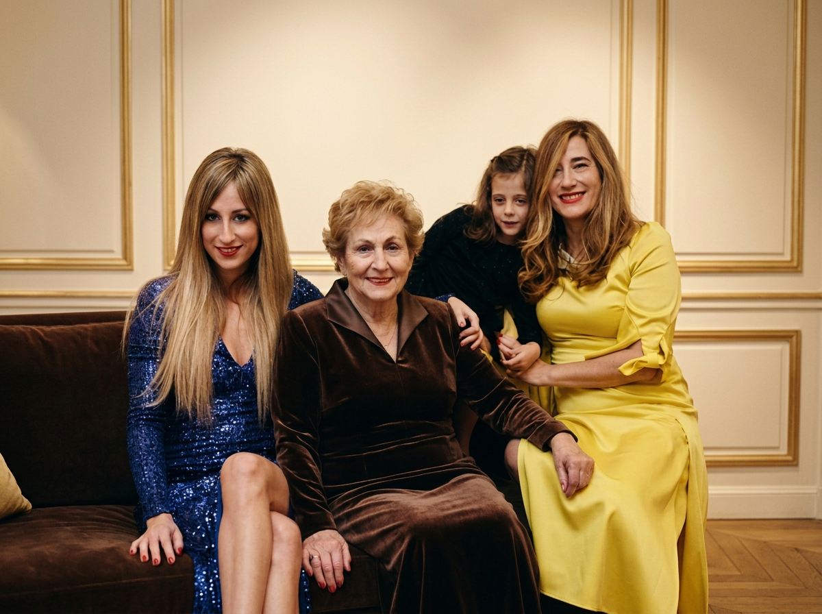 Cuatro generaciones — la abuela, la madre, la hija y la nieta